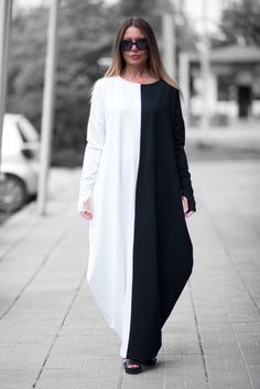 Black and White Maxi Dress, Woman Plus Size Dress, Long Dress for Women, Casual Dress, Long Winter Dress by EUG fashion - DR0159PM White Dresses Plus Size, Long Winter Dresses, White Cotton Maxi Dress, Long Cotton Dress, Long Sleeve Dress Winter, Black White Maxi Dress, Maxi Dress Winter, Kaftan Designs, Maxi Dresses Fall