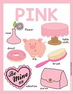 a pink poster with different types of items