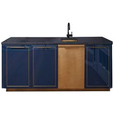 a blue and gold kitchen cabinet with a black counter top, sink and faucet