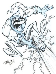 a drawing of a cartoon character on a skateboard with fire coming out of his mouth