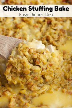 a casserole dish with chicken stuffing in it and a wooden spoon scooping out