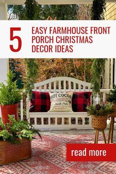 the front porch is decorated for christmas with potted plants and other holiday decor items