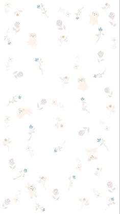 a white wallpaper with flowers and bears on the side, in pastel colors