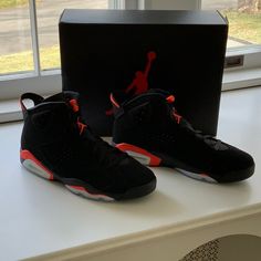 Jordan 6 Retro Black Infrared (2019). Aj6 Come With A Black Upper,Black Midsole Plus Red Accents,And A Translucent Sole. New Size 14 Black Sneakers With Red Sole For Sports, Casual Black Sneakers With Red Sole, Black Jordan Shoes With Red Sole, Sporty Black Jordan Shoes With Red Sole, Casual Black Basketball Shoes With Contrast Sole, Black Basketball Shoes With Red Sole For Streetwear, Casual Black Basketball Shoes With Red Sole, Black Jordan Shoes With Red Sole For Streetwear, Black Jordan Shoes With Red Sole And Lace-up