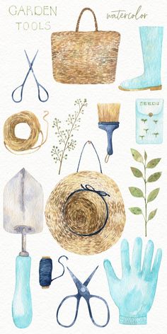 watercolor illustration of garden tools