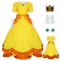 a yellow dress with orange ruffles and white gloves on the bottom, along with other accessories