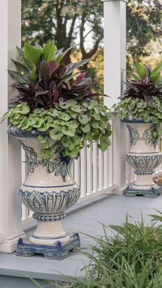 two large vases with plants in them on a porch