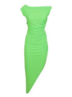 Sleeveless. Versatile neckline. Drop shoulder. Asymmetrical hem. Color: Neon green Material: 95% Polyester, 5% SpandexComposition: 95% Polyester, 5% Spandex Green Stretch One-shoulder Midi Dress, Green Stretch Elastane Dress, Green Stretch Dress With Asymmetrical Hem, Green Asymmetrical One-shoulder Fitted Dress, Green Asymmetrical One-shoulder Dress, Green Fitted Asymmetrical Dress, Green Fitted One Shoulder Asymmetrical Dress, Fitted Sleeveless Asymmetrical Elastane Dress, Green Sleeveless Elastane Dress