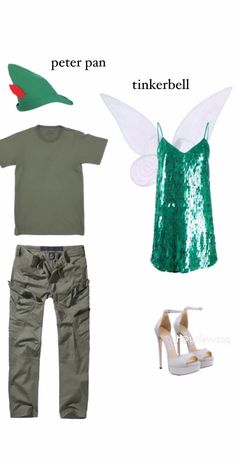 an assortment of clothing and shoes including a t - shirt, green sequinned top, jeans and heels