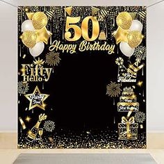 a 50th birthday card with balloons and confetti in the shape of a frame