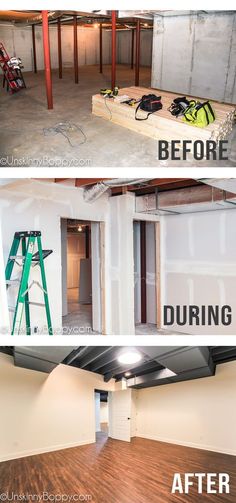 before and after pictures of an unfinished basement with wood flooring in the foreground