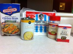 the ingredients for chicken broth are sitting on the counter top next to each other