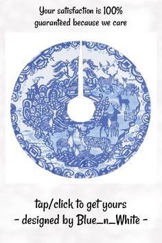 a blue and white plate with deers on it