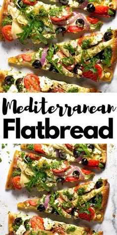 this mediterranean flatbread is loaded with fresh vegetables, olives and feta cheese