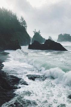 an ocean view with waves crashing on the rocks and trees in the background, along with foggy skies