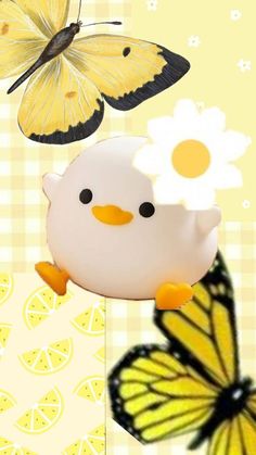 a yellow and black butterfly sitting on top of a white chicken next to a lemon slice