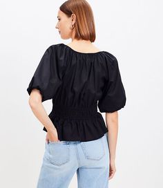 With romantic blouson sleeves and a flattering elasticized waist, this fluid woven top is an instant style routine fresh-up. V-neck. 3/4 sleeves with elasticized cuffs. Elasticized waist.,Hit:Hit: Hits at hip,Imported:Imported,Fit:Fit: Relaxed — an easy shape that's just shy of loose,Length:20 3/4" long,Fabrication:55% Cotton 45% Modal,Garment Care:Machine Washable Loft Gathered Waist V-Neck Blouse Size Small Black Women's by Loft Size Regular - S Black Women's Cotton, Blend, V-Neck, Short, Slee Versatile Tops With Elastic Waistband For Spring, Casual Black Puff Sleeve Top With Blouson Sleeves, Spring Stretch Puff Sleeve Top With Blouson Sleeves, Spring Puff Sleeve Top With Blouson Sleeves, Black Puff Sleeve Top With Blouson Sleeves For Summer, Chic Tops With Elastic Waistband And Relaxed Fit, Chic Blouse With Elastic Waistband For Spring, Black Summer Blouse With Elastic Sleeves, Chic Workwear Top With Elastic Waistband