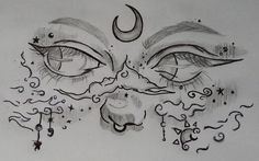 a drawing of two eyes with the moon above them