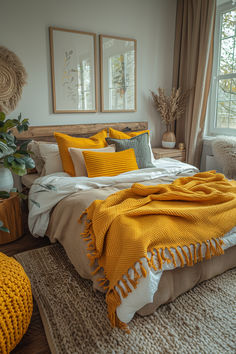 neutral bedroom, yellow bedrooms, earthy bedroom, bedroom inspo Pop Of Yellow Bedroom, Bedroom Pop Of Color Ideas, Adding Pops Of Color To Neutral Room, Yellow Comforter Bedroom Ideas, Neutral Bedroom Ideas With Pop Of Color, Yellow House Interior, Bedroom With Yellow Accents, Cute Cozy Bedroom Ideas, Yellow And Green Bedroom