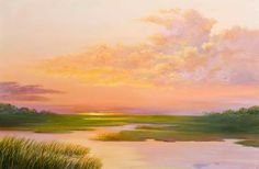 an oil painting of a sunset over a marsh