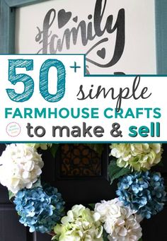 the front door is decorated with blue and white hydrant wreaths that read, 50 simple farmhouse crafts to make & sell