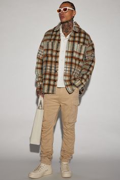 Model Height: 6'2 - Wearing Large Big & Tall: Height 6'3- Wearing XXXL Available In Tan/Multi. Fold Down Collar Long Sleeve Front Button Closure Disclaimer: Plaid Placement Will Vary. 90% Polyester 10% Wool Imported | Mens Move Up Plaid Shacket in Tan size 3XL by Fashion Nova Tall Height, Plaid Shacket, Big & Tall, Fashion Nova, Mens Jackets, Plaid, Wool, Collar, Long Sleeve