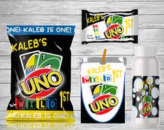 two bags of uno and one bag of unidentifiable items on a wooden background