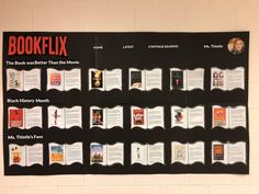 a bulletin board with books on it in the middle of a wall that reads, bookflix