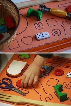 two pictures side by side one shows a child's hand and the other shows toys