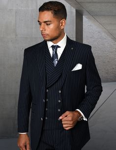 High quality looking?suit has been finely constructed in a luxurious?wool fabric. It is medium-light-weight, which is perfect for year round use. When you feel the softness of the High Twisted fabric, you will know that you are buying one of the best natural fabrics available. Our wool suits are soft, silky, drapes well and resists wrinkles for extra comfort. Jacket with 2 back vents, Hand stitches on lapel and front of jacket, Pants are open inseam and lined to the knee. Mens Wool Vest, Dapper Man, Black Pinstripe Suit, Masc Fashion, Vest Suit, Double Breasted Vest, Super Suit, Men Stuff, Italian Suit