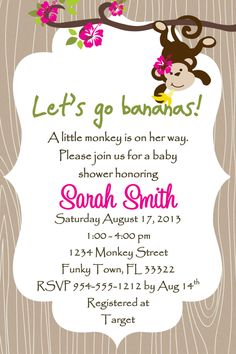 a baby shower is shown with a monkey hanging from a branch and flowers on it