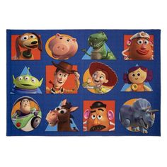 a blue rug with toy story characters on it