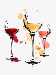 three wine glasses filled with different colored liquids on a white background and watercolor splashes