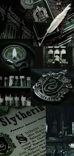 the collage shows many different things that are in black and green colors, including an arrow