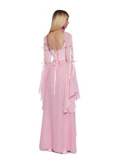 Rule the kingdom with this maxi dress that has a shimmery chiffon construction, a square neckline, an attached corset with structured boning, embroidered floral detailing, long flowy sheer bell sleeves with ribbon ties, a maxi skirt, a back lace-up closure, and a side zipper closure. Pink Medieval Dress, Pink Fairy Dress, Sparkly Maxi Dress, Corset Maxi Dress, Dress With Floral Embroidery, Fairycore Fairy, Sugar Thrillz, Pink Sparkly, Pride Outfit