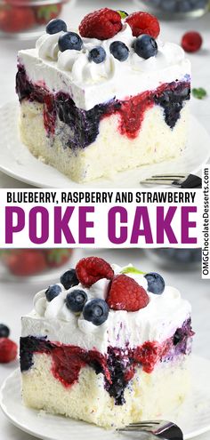 blueberry, raspberry and strawberry poke cake on a white plate