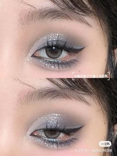 Silver Makeup Looks For Prom Hooded Eyes, Silver Makeup Looks For Hooded Eyes, White And Grey Makeup, Navy Blue Douyin Makeup, Silver Blue Eye Makeup, Sparkly Blue Makeup, Blue Doyun Makeup, Prom Hair Asian, Blue Gray Makeup