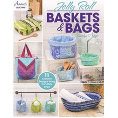 the cover of jelly roll baskets and bags, featuring crochet designs for 2x - 3x - wide storage bins