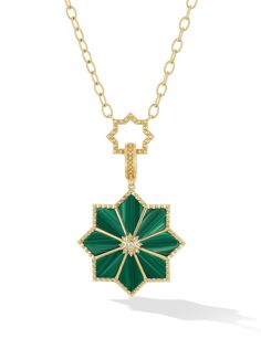 From Orly Marcel, the Fez Pendant necklace is mysterious, exotic, and vibrant. The Fez Pendant derives its name from its Moroccan namesake. Inspired by the city’s rich spiritual and cultural traditions. Crafted in fine 18k yellow gold, the pendant features a malachite inlay and diamond detailing at the center. This necklace is timeless, colorful, and anchoring. 18k yellow gold. Detailed in malachite and diamond. Pendant measures 30mm. Necklace measures 24-in. in length Sacred Flower, Memorable Jewelry, Cultural Traditions, Contemporary Fine Jewelry, Fancy Jewelry Necklace, Lapis Lazuli Pendant, Lapis Lazuli Necklace, Present Moment, Precious Jewels