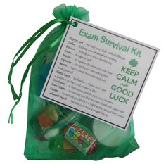 an exam survival kit in a green bag