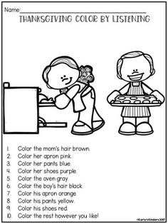 the thanksgiving color by listening worksheet with two children in front of a table