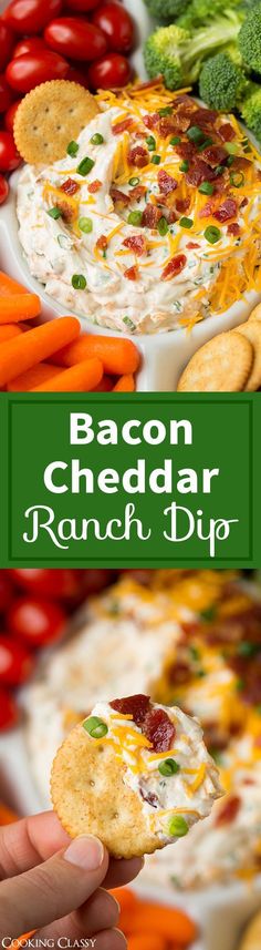 bacon cheddar ranch dip on a plate with carrots and broccoli