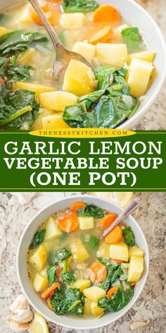 A perfect winter dish! This hearty soup is a warm dinner idea in just one pot. Wholesome and delicious, this Garlic Lemon Vegetable Soup is one of the best comfort food recipes! Pin this for later! Soup One Pot, Buffalo Chicken Chili, Spicy Buffalo Chicken, Vegetable Soup Recipe, Winter Dishes, Hearty Soup, Comfort Food Recipes, Vegetable Soup Recipes