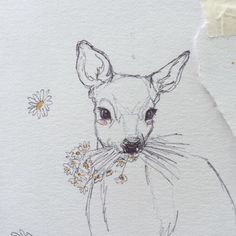 a drawing of a small animal with flowers in its mouth and one eye open, sitting next to a piece of paper