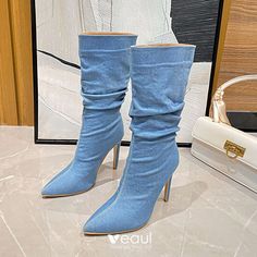 Fashion Sky Blue Fall Winter Street Wear Womens Boots 2023 11 cm Stiletto Heels Pointed Toe Boots Boots Women 2022, Winter Street Wear, Women High Heels, High Heels Boots, Winter Shoes For Women, Pointed Toe Boots, Boots Winter, Boot Types, Heels Boots