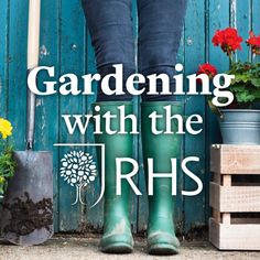 gardening with the rhs logo overlayed by garden tools and flowers in front of a blue wooden wall