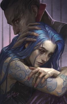 a woman with blue hair hugging a man