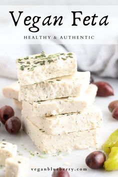 vegan feta healthy and authentic with grapes, olives, and herbs on the side