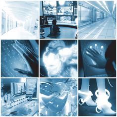 a series of photographs with various images in blue and white