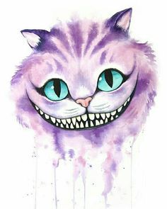 a drawing of a cat with big blue eyes and fangs on it's face